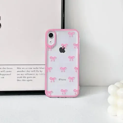 NITITOP iPhone XR uchun mos keladigan g'ilof, qizlar va ayollar uchun chiroyli shaffof chidamli lenta kamon naqshli, yumshoq TPU shaffof to'liq kamera linzali zarbga chidamli himoya telefon qopqog'i - och qizil - 4