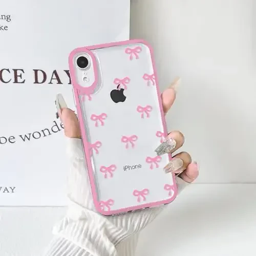 NITITOP iPhone XR uchun mos keladigan g'ilof, qizlar va ayollar uchun chiroyli shaffof chidamli lenta kamon naqshli, yumshoq TPU shaffof to'liq kamera linzali zarbga chidamli himoya telefon qopqog'i - och qizil - 6