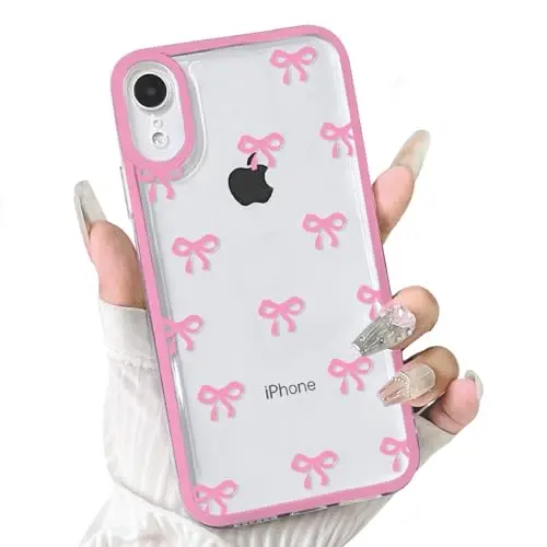 NITITOP iPhone XR uchun mos keladigan g'ilof, qizlar va ayollar uchun chiroyli shaffof chidamli lenta kamon naqshli, yumshoq TPU shaffof to'liq kamera linzali zarbga chidamli himoya telefon qopqog'i - och qizil - NITITOP