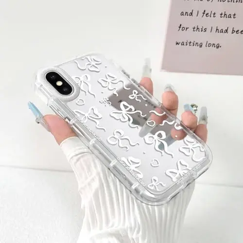 NITITOP Compatible with iPhone Xs Max Case Cute Mirror Bow Love Heart Pattern for Women Girls Ribbon Design Shockproof Silver Protective Phone Cover - White Bow - NITITOP (1)