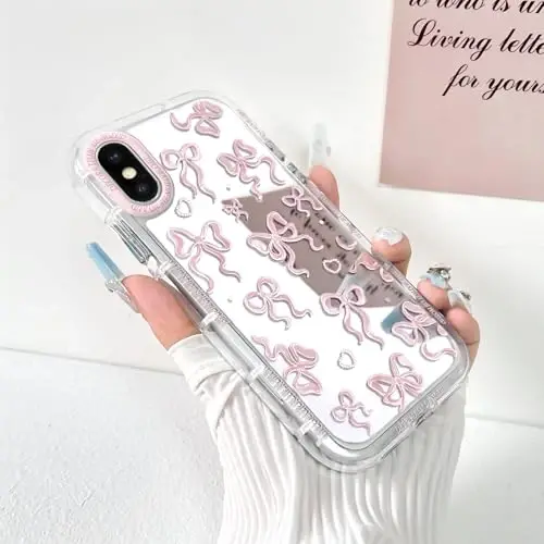 NITITOP Compatible with iPhone Xs Max Case Cute Mirror Bow Love Heart Pattern for Women Girls Ribbon Design Shockproof Silver Protective Phone Cover - Light Pink Bow - 2
