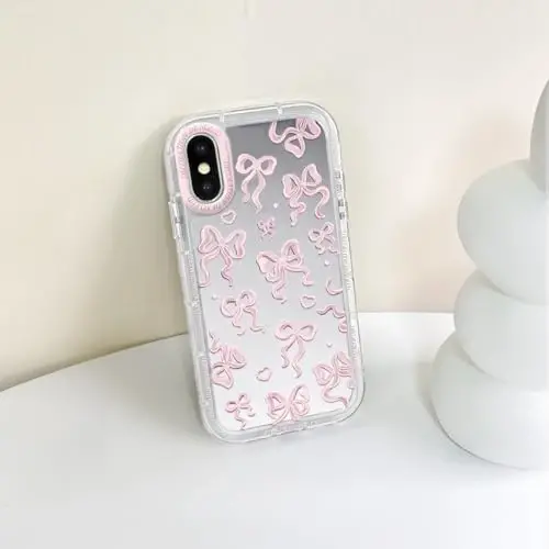 NITITOP Compatible with iPhone Xs Max Case Cute Mirror Bow Love Heart Pattern for Women Girls Ribbon Design Shockproof Silver Protective Phone Cover - Light Pink Bow - 7