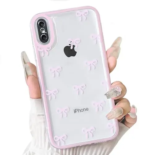 NITITOP Compatible with iPhone Xs Max Case Cute Clear Durable Ribbon Bowknot Pattern for Girls Women Soft TPU Transparent Full Camera Lens Shockproof Protective Phone Cover - Pink - 14