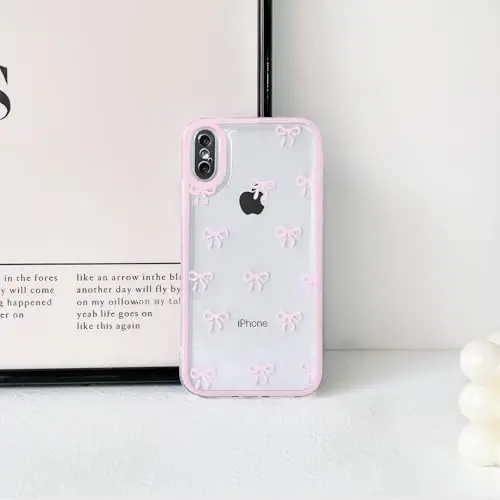 NITITOP Compatible with iPhone Xs Max Case Cute Clear Durable Ribbon Bowknot Pattern for Girls Women Soft TPU Transparent Full Camera Lens Shockproof Protective Phone Cover - Pink - 12