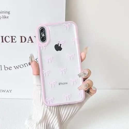 NITITOP Compatible with iPhone Xs Max Case Cute Clear Durable Ribbon Bowknot Pattern for Girls Women Soft TPU Transparent Full Camera Lens Shockproof Protective Phone Cover - Pink - 7