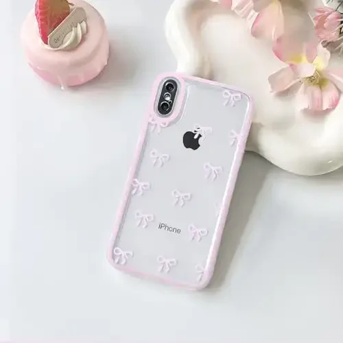 NITITOP iPhone Xs Max uchun mos keladigan g'ilof Chiroyli tiniq chidamli lenta kamonchasi naqshli qizlar ayollar uchun yumshoq TPU shaffof to'liq kamera linzalari zarbga chidamli himoya telefon qopqog'i - Pushti - 13