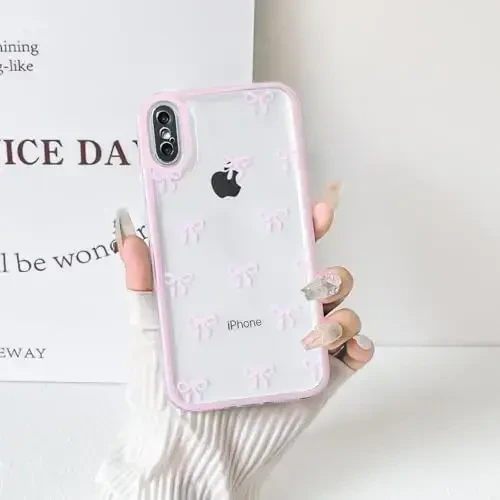 NITITOP iPhone Xs Max uchun mos keladigan g'ilof Chiroyli tiniq chidamli lenta kamonchasi naqshli qizlar ayollar uchun yumshoq TPU shaffof to'liq kamera linzalari zarbga chidamli himoya telefon qopqog'i - Pushti - 7