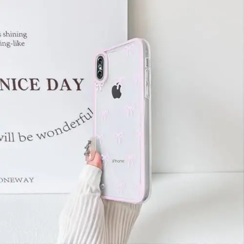 NITITOP iPhone Xs Max uchun mos keladigan g'ilof Chiroyli tiniq chidamli lenta kamonchasi naqshli qizlar ayollar uchun yumshoq TPU shaffof to'liq kamera linzalari zarbga chidamli himoya telefon qopqog'i - Pushti - 5