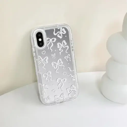 NITITOP iPhone Xs Max uchun mos keladigan g'ilof Yoqimli oyna kamon sevgi yurak naqshli ayollar qizlar uchun lenta dizayni zarbaga chidamli kumush himoya telefon qopqog'i - Oq kamon - 7