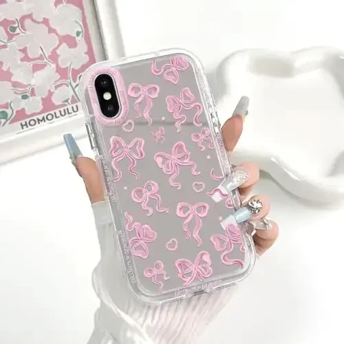 NITITOP iPhone X/XS bilan mos keladigan g'ilof Chiroyli oyna kamon naqshli ayollar qizlar uchun sevgi yuragi lentalari dizayni zarbaga chidamli kumush himoya telefon qopqog'i - pushti kamon - 3