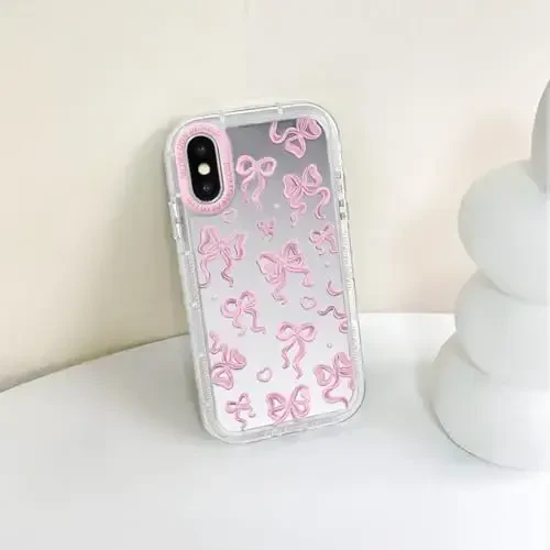 NITITOP iPhone X/XS bilan mos keladigan g'ilof Chiroyli oyna kamon naqshli ayollar qizlar uchun sevgi yuragi lentalari dizayni zarbaga chidamli kumush himoya telefon qopqog'i - pushti kamon - 7