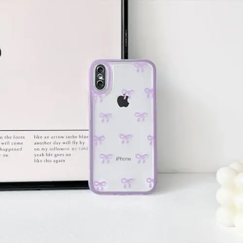 NITITOP Compatible with iPhone X/XS Case Cute Clear Durable Ribbon Bowknot Pattern for Girls Women Soft TPU Transparent Full Camera Lens Shockproof Protective Phone Cover - Purple 