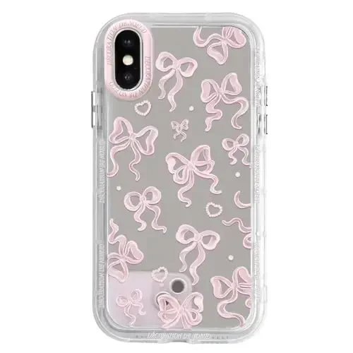NITITOP Compatible with iPhone X/XS Case Cute Mirror Bow Pattern Love Heart for Women Girls Ribbon Design Shockproof Silver Protective Phone Cover - Light Pink Bow 