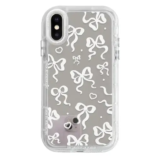 NITITOP Compatible with iPhone X/XS Case Cute Mirror Bow Pattern Love Heart for Women Girls Ribbon Design Shockproof Silver Protective Phone Cover - White Bow - 1