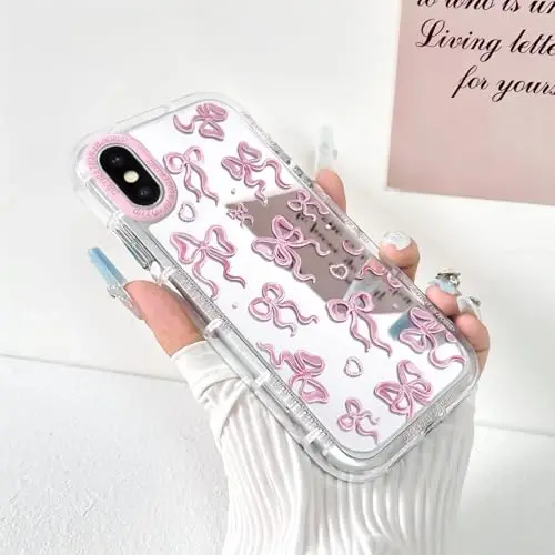 NITITOP Compatible with iPhone X/XS Case Cute Mirror Bow Pattern Love Heart for Women Girls Ribbon Design Shockproof Silver Protective Phone Cover - Pink Bow - NITITOP (1)