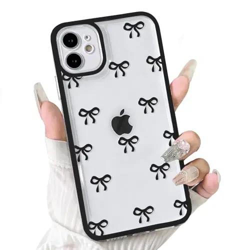 NITITOP Compatible with iPhone 11 Case Cute Clear Durable Ribbon Bowknot Pattern for Girls Women Soft TPU Transparent Full Camera Lens Shockproof Protective Phone Cover - Black 