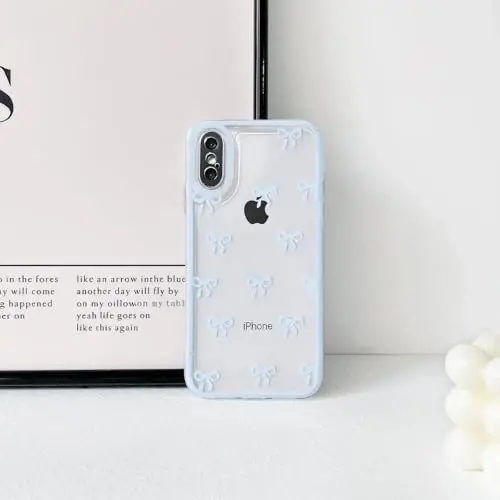 NITITOP Compatible with iPhone X/XS Case Cute Clear Durable Ribbon Bowknot Pattern for Girls Women Soft TPU Transparent Full Camera Lens Shockproof Protective Phone Cover - Blue 