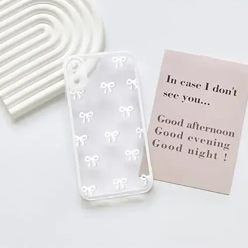 NITITOP iPhone X/XS uchun g'ilof bilan mos keladi, chiroyli shaffof chidamli lenta kamon naqshli qizlar ayollar uchun yumshoq TPU shaffof to'liq kamera linzalari zarbaga chidamli himoya telefon qopqog'i - Oq - 3