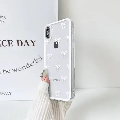 NITITOP iPhone X/XS uchun g'ilof bilan mos keladi, chiroyli shaffof chidamli lenta kamon naqshli qizlar ayollar uchun yumshoq TPU shaffof to'liq kamera linzalari zarbaga chidamli himoya telefon qopqog'i - Oq - 5