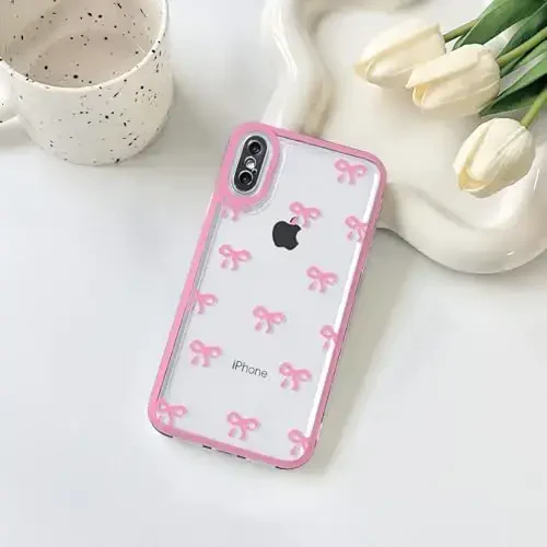 NITITOP iPhone X/XS uchun mos keladigan g'ilof Qizlar ayollar uchun chiroyli tiniq chidamli lenta kamon naqshli Yumshoq TPU shaffof to'liq kamera linzalari zarbga chidamli himoya telefon qopqog'i - och qizil - 2