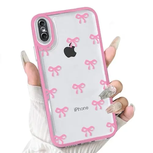 NITITOP iPhone X/XS uchun mos keladigan g'ilof Qizlar ayollar uchun chiroyli tiniq chidamli lenta kamon naqshli Yumshoq TPU shaffof to'liq kamera linzalari zarbga chidamli himoya telefon qopqog'i - och qizil - 1