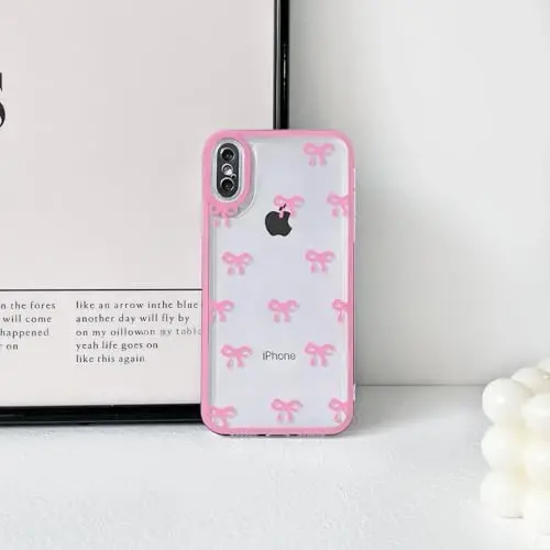 NITITOP iPhone X/XS uchun mos keladigan g'ilof Qizlar ayollar uchun chiroyli tiniq chidamli lenta kamon naqshli Yumshoq TPU shaffof to'liq kamera linzalari zarbga chidamli himoya telefon qopqog'i - och qizil - 4