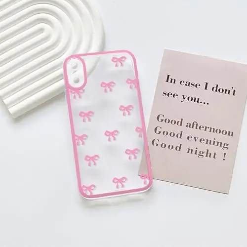 NITITOP iPhone X/XS uchun mos keladigan g'ilof Qizlar ayollar uchun chiroyli tiniq chidamli lenta kamon naqshli Yumshoq TPU shaffof to'liq kamera linzalari zarbga chidamli himoya telefon qopqog'i - och qizil - 3