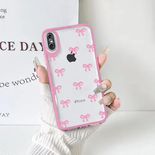 NITITOP iPhone X/XS uchun mos keladigan g'ilof Qizlar ayollar uchun chiroyli tiniq chidamli lenta kamon naqshli Yumshoq TPU shaffof to'liq kamera linzalari zarbga chidamli himoya telefon qopqog'i - och qizil - 1