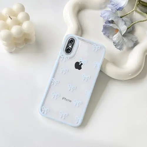 NITITOP iPhone X/XS uchun mos keladigan g'ilof Qizlar ayollar uchun yoqimli tiniq chidamli lenta kamon naqshli yumshoq TPU shaffof to'liq kamera linzalari zarbga chidamli himoya telefon qopqog'i - Moviy - 2