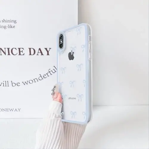 NITITOP iPhone X/XS uchun mos keladigan g'ilof Qizlar ayollar uchun yoqimli tiniq chidamli lenta kamon naqshli yumshoq TPU shaffof to'liq kamera linzalari zarbga chidamli himoya telefon qopqog'i - Moviy - 4