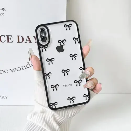 NITITOP iPhone X/XS uchun mos keladigan g'ilof Qizlar ayollar uchun yoqimli tiniq chidamli lenta kamon naqshli yumshoq TPU shaffof to'liq kamera linzalari zarbga chidamli himoya telefon qopqog'i - Qora - 5