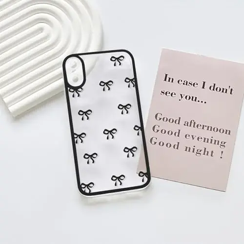 NITITOP iPhone X/XS uchun mos keladigan g'ilof Qizlar ayollar uchun yoqimli tiniq chidamli lenta kamon naqshli yumshoq TPU shaffof to'liq kamera linzalari zarbga chidamli himoya telefon qopqog'i - Qora - 3