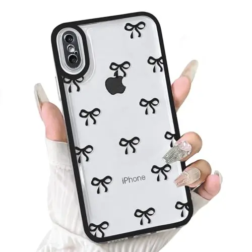 NITITOP iPhone X/XS uchun mos keladigan g'ilof Qizlar ayollar uchun yoqimli tiniq chidamli lenta kamon naqshli yumshoq TPU shaffof to'liq kamera linzalari zarbga chidamli himoya telefon qopqog'i - Qora - NITITOP