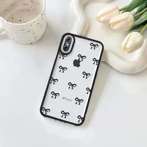 NITITOP iPhone X/XS uchun mos keladigan g'ilof Qizlar ayollar uchun yoqimli tiniq chidamli lenta kamon naqshli yumshoq TPU shaffof to'liq kamera linzalari zarbga chidamli himoya telefon qopqog'i - Qora - 2