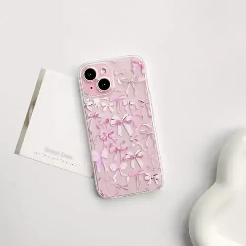 NITITOP совместим с чехлом для iPhone 15 Plus, милый прозрачный дизайн с бантом для женщин и девушек, розовая лента с бантом, мягкий, тонкий, стильный, защитный чехол для телефона - розовый - 2
