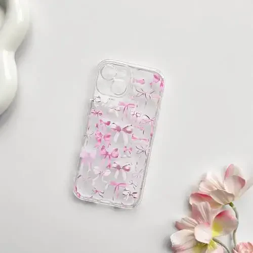 NITITOP совместим с чехлом для iPhone 15 Plus, милый прозрачный дизайн с бантом для женщин и девушек, розовая лента с бантом, мягкий, тонкий, стильный, защитный чехол для телефона - розовый - 4