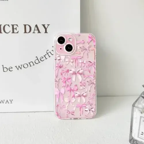 NITITOP совместим с чехлом для iPhone 15 Plus, милый прозрачный дизайн с бантом для женщин и девушек, розовая лента с бантом, мягкий, тонкий, стильный, защитный чехол для телефона - розовый - 6