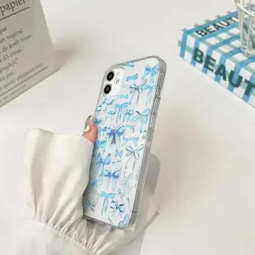 NITITOP Совместим с iPhone 12 Mini Чехол Симпатичный Прозрачный Бантик Дизайн для Женщин Девушек Синий Бант Лента Мягкий Тонкий Стильный Защитный Чехол для Телефона - Синий - 4