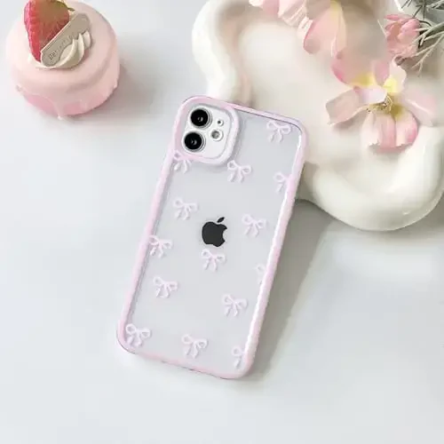 NITITOP Совместимый с iPhone 12 Mini Чехол Милый Прозрачный Прочный Рисунок Ленты Бантика для Девочек Женщин Мягкий TPU Прозрачный Полный Объектив Камеры Ударопрочный Защитный Чехол для Телефона - Розовый - 2