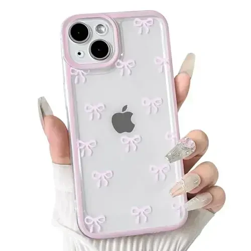NITITOP Совместимый с iPhone 14 Plus Чехол Милый Прозрачный Прочный Рисунок с Лентой и Бантиком для Девочек Женщин Мягкий TPU Прозрачный Полный Объектив Камеры Противоударный Защитный Чехол для Телефона - Розовый - 1