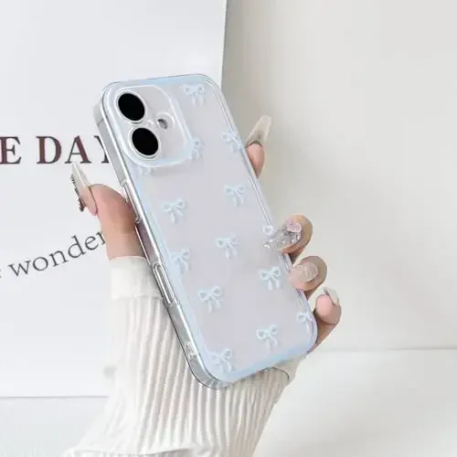 NITITOP Совместимый с iPhone 16 Чехол Милый Прозрачный Прочный Рисунок Ленты Бантика для Девочек Женщин Мягкий TPU Прозрачный Полный Объектив Камеры Ударопрочный Защитный Чехол для Телефона - Синий - 5
