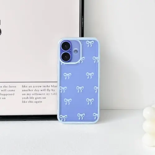 NITITOP Совместимый с iPhone 16 Чехол Милый Прозрачный Прочный Рисунок Ленты Бантика для Девочек Женщин Мягкий TPU Прозрачный Полный Объектив Камеры Ударопрочный Защитный Чехол для Телефона - Синий - 4