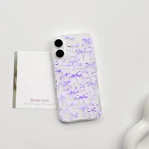 NITITOP Совместимый с iPhone 16 Plus Чехол Милый Прозрачный Бантик Дизайн для Женщин Девочек Фиолетовый Бант Лента Мягкий Тонкий Стильный Защитный Чехол для Телефона - Фиолетовый - NITITOP (1)