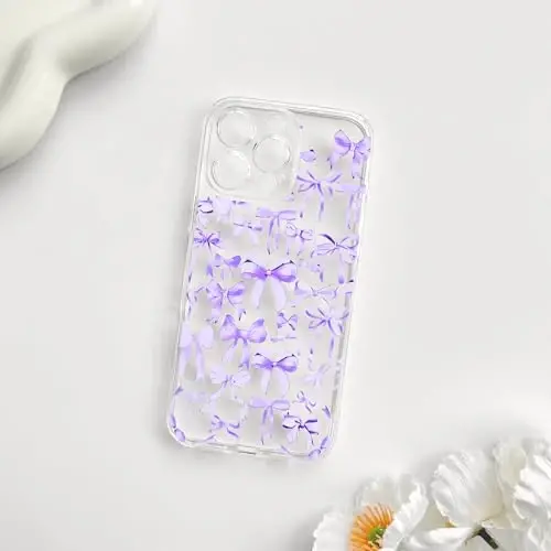 NITITOP Совместимый с iPhone 16 Pro Max Чехол Милый Прозрачный Дизайн с Бантиком для Женщин Девочек Фиолетовый Бант Лента Мягкий Тонкий Стильный Защитный Чехол для Телефона - Фиолетовый - 4