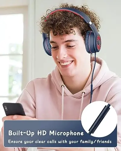 NIVAVA Mikrofonli simli naushniklar, bolalar uchun K16 quloq ustidagi naushniklar 3,5 mm raz'emli, o'smirlar maktabiModazoneKindle, Fire, Chromebook, planshet uchun katlanadigan stereo bass naushniklar (to'q ko'k qizil) - 6
