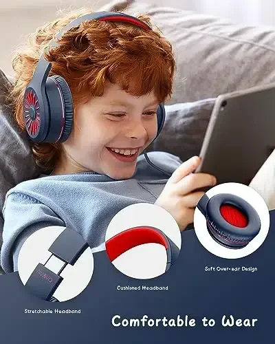 NIVAVA Mikrofonli simli naushniklar, bolalar uchun K16 quloq ustidagi naushniklar 3,5 mm raz'emli, o'smirlar maktabiModazoneKindle, Fire, Chromebook, planshet uchun katlanadigan stereo bass naushniklar (to'q ko'k qizil) - 4