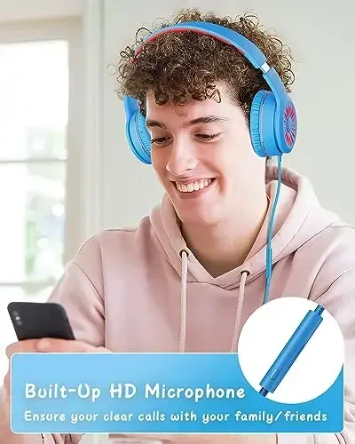 NIVAVA mikrofonli simli naushniklar, K16 3.5MM raz'emli bolalar uchun quloqchinlar, o'smirlar maktabi uchun katlanadigan stereo bass naushniklar ModazoneKindle, Fire, Chromebook, planshet (ochiq ko'k qizil) - 6