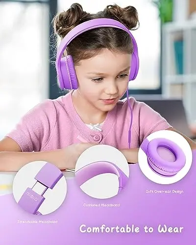 NIVAVA Mikrofonli simli naushniklar, K16 Bolalar uchun quloq ustidagi naushniklar 3,5 mm Jekli, O'smirlar maktabi uchun katlanadigan Stereo Bass naushniklar ModazoneKindle, Fire, Chromebook, Tablet(Binafsha Pushti) - 4