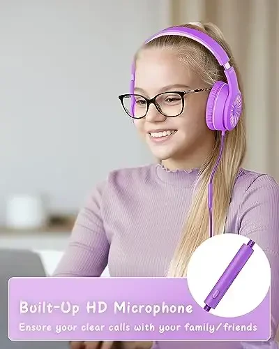 NIVAVA Mikrofonli simli naushniklar, K16 Bolalar uchun quloq ustidagi naushniklar 3,5 mm Jekli, O'smirlar maktabi uchun katlanadigan Stereo Bass naushniklar ModazoneKindle, Fire, Chromebook, Tablet(Binafsha Pushti) - 6