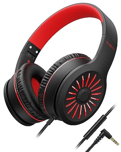 NIVAVA Wired Headphones with Microphone, K16 On-Ear Headphones for Kids with 3.5MM Jack, Foldable Stereo Bass Headset for Teens SchoolModazoneKindle, Chromebook, Tablet(Black Red) - 1